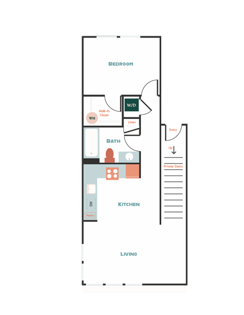 Floor plan for 1 bed, 1 bath, 725 sqft